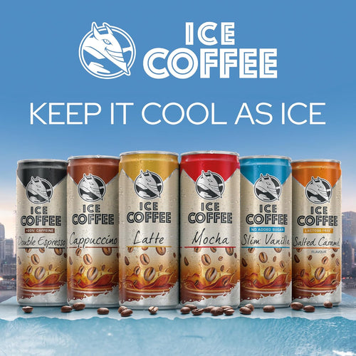 Ice coffee cans with various flavors on a blue background