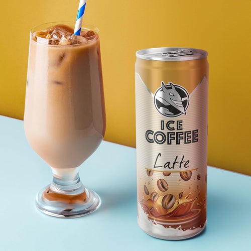 Glass of iced coffee with a straw next to a can of Ice Coffee Latte on a blue and yellow background