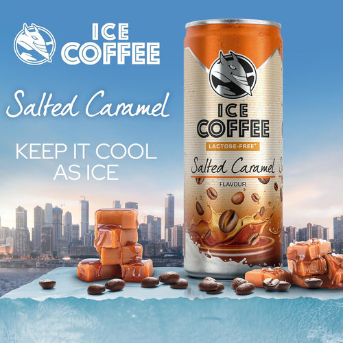 Can of salted caramel ice coffee with cityscape background