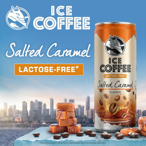 Can of salted caramel ice coffee with cityscape background