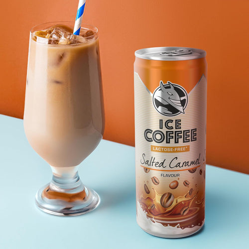 Ice coffee can with a glass of iced coffee on a colorful background