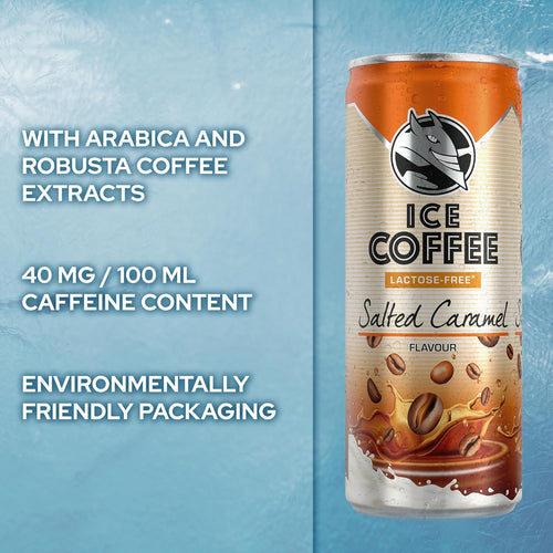 Can of salted caramel ice coffee with text about coffee content and packaging on a blue background