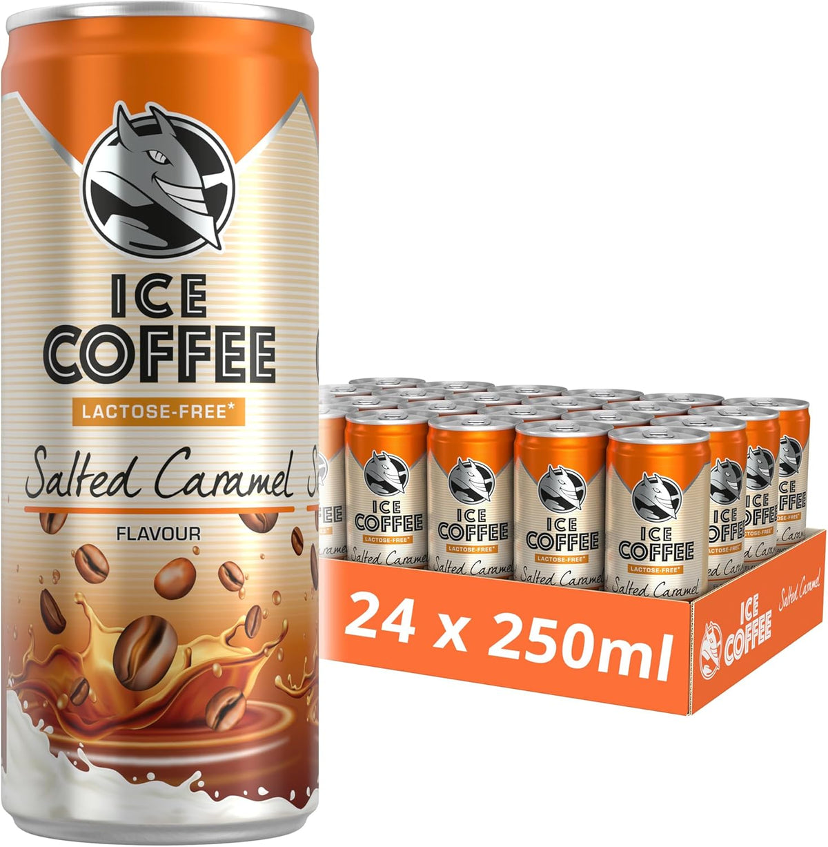 Can of Ice Coffee Salted Caramel flavor with packaging displaying 24 x 250ml cans.