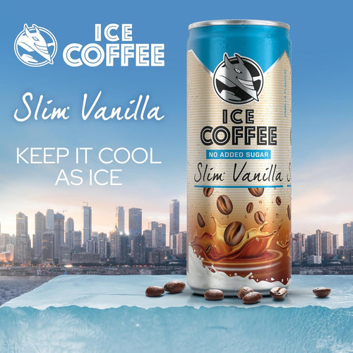 Can of Ice Coffee Slim Vanilla with city skyline in the background