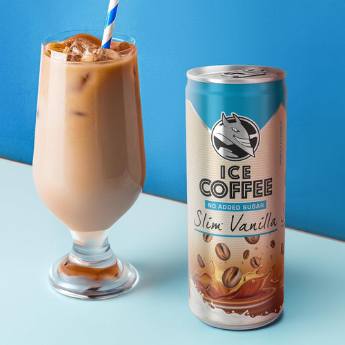 Ice coffee can and glass with a straw on a blue background