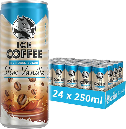 Can of Ice Coffee Slim Vanilla with a box of 24 cans on a white background